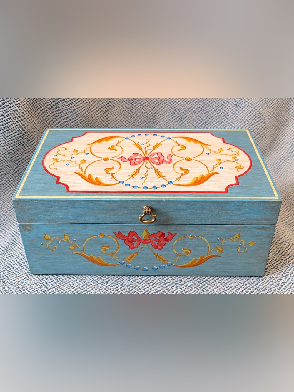 Blue Floral Wooden Jewelry Box Gold Accents Lined Keepsake Box 10.5”